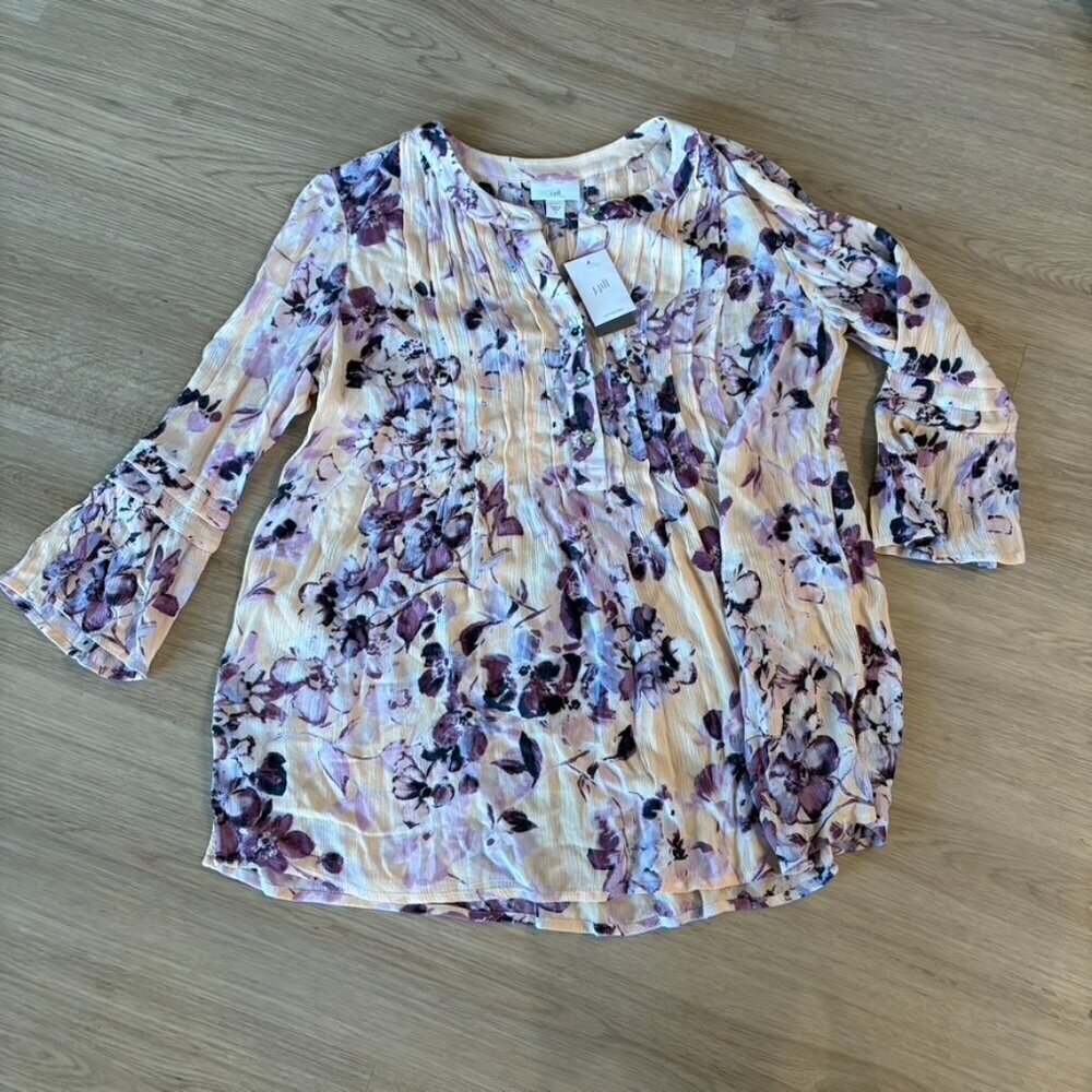 ** J.Jill Peach Lavender Floral Pleated Henley Peasant Blouse Size S NWT